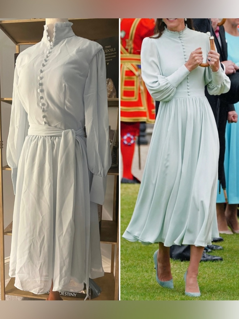 Royal-Inspired Mint High Neck Midi Dress Long Sleeve XS/S Kate Middleton